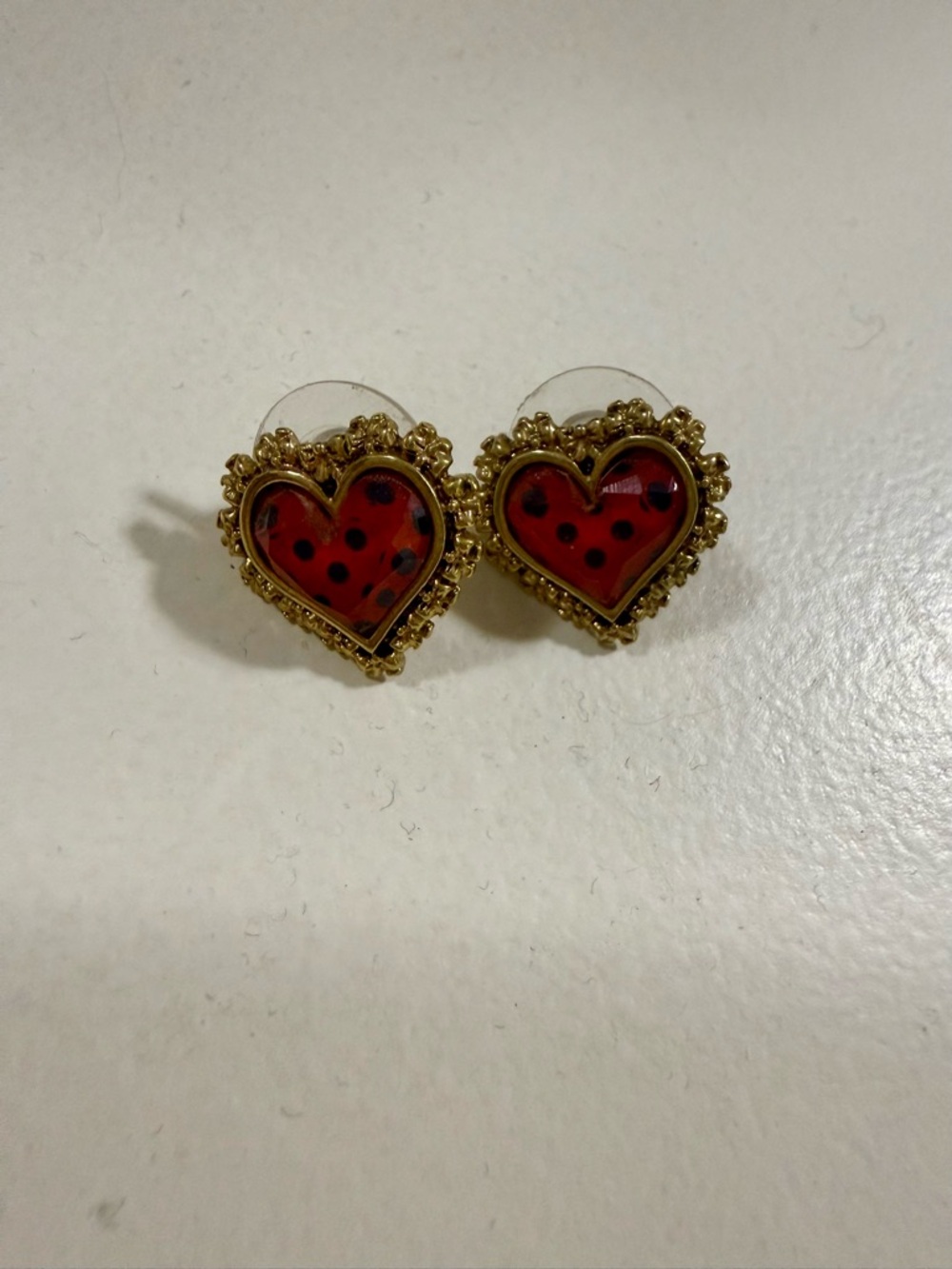 Betsey Johnson Gold Heart Stud Earrings with Red and Black Accent